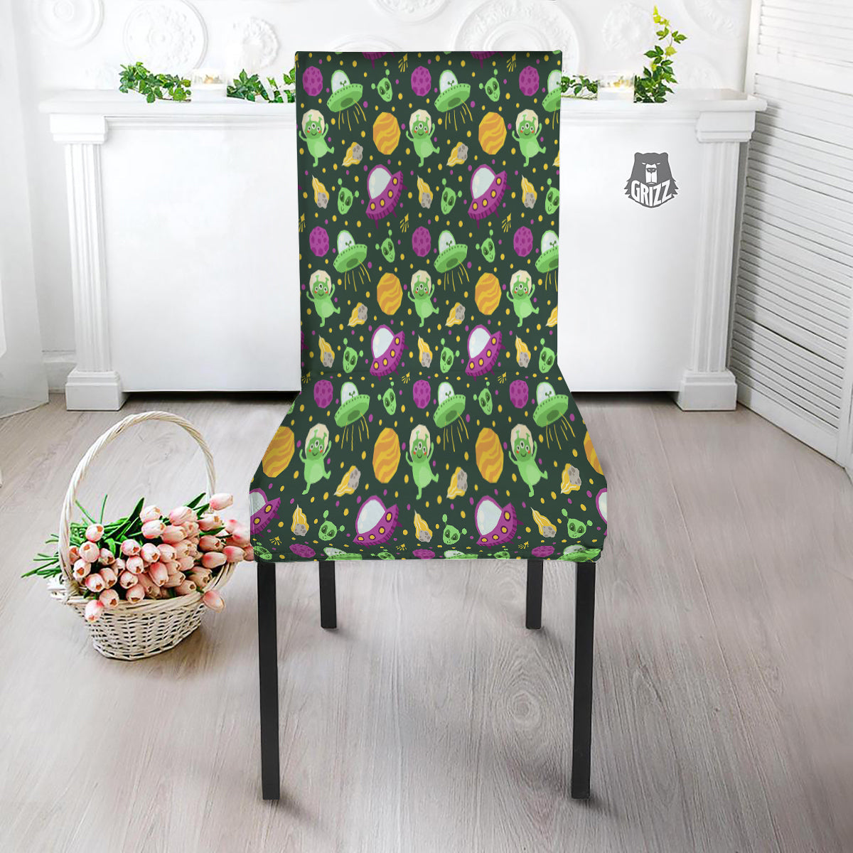 UFO Little Green Alien Print Pattern Dining Chair Slipcover-grizzshop