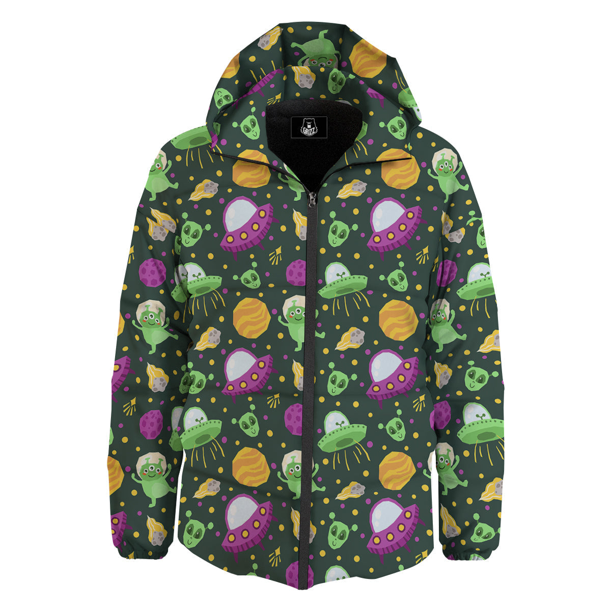 UFO Little Green Alien Print Pattern Down Jacket-grizzshop