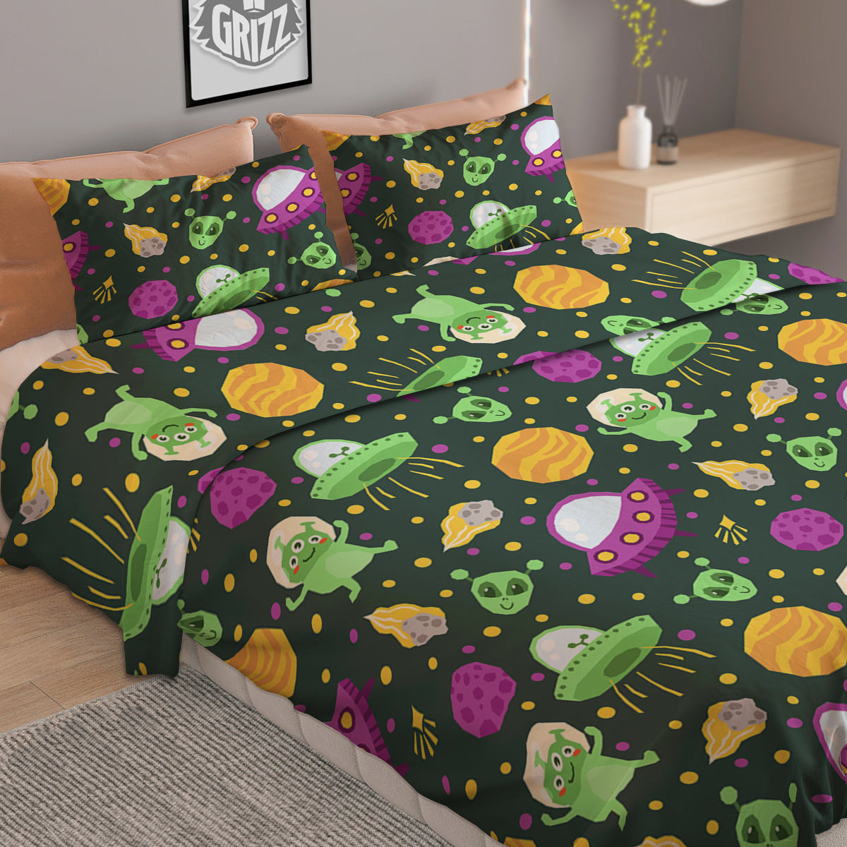 UFO Little Green Alien Print Pattern Duvet Cover Bedding Set