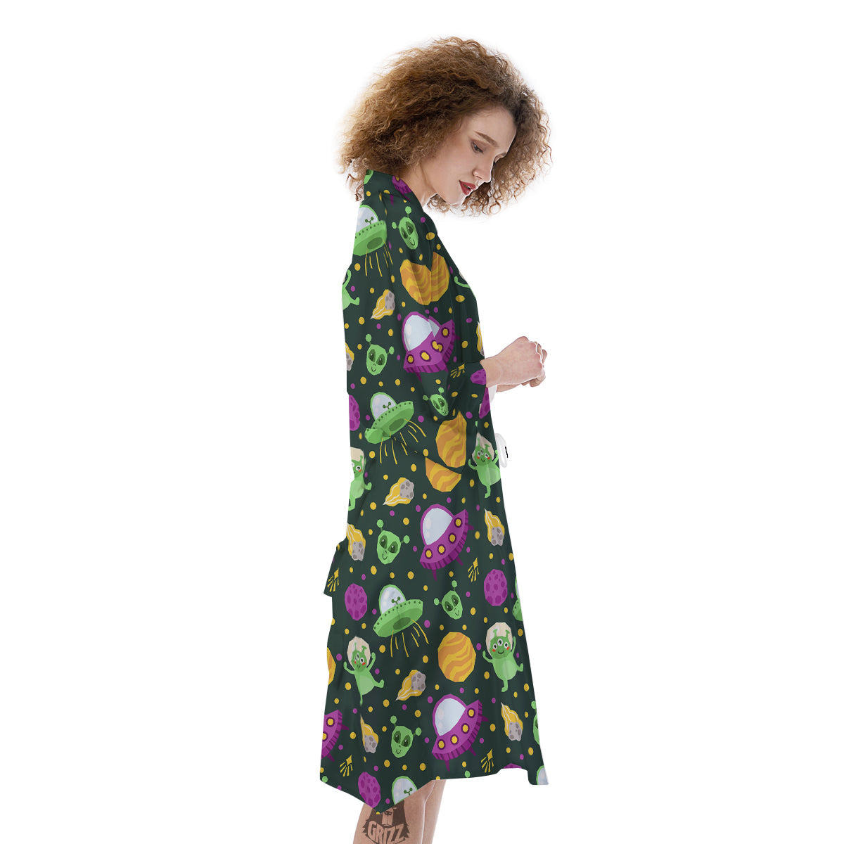 UFO Little Green Alien Print Pattern Kimono-grizzshop