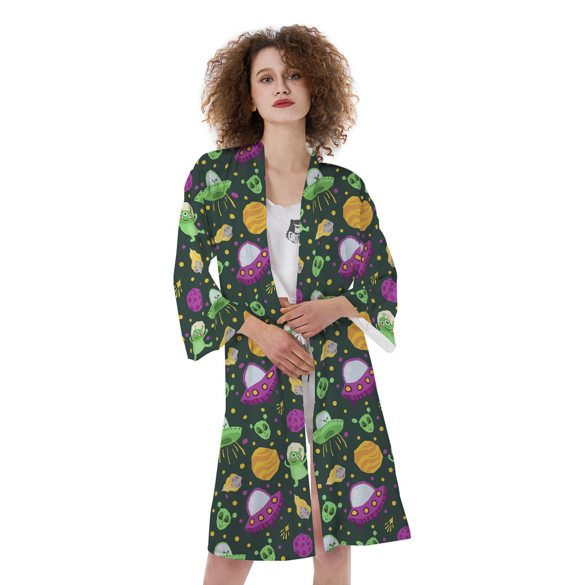 UFO Little Green Alien Print Pattern Kimono-grizzshop