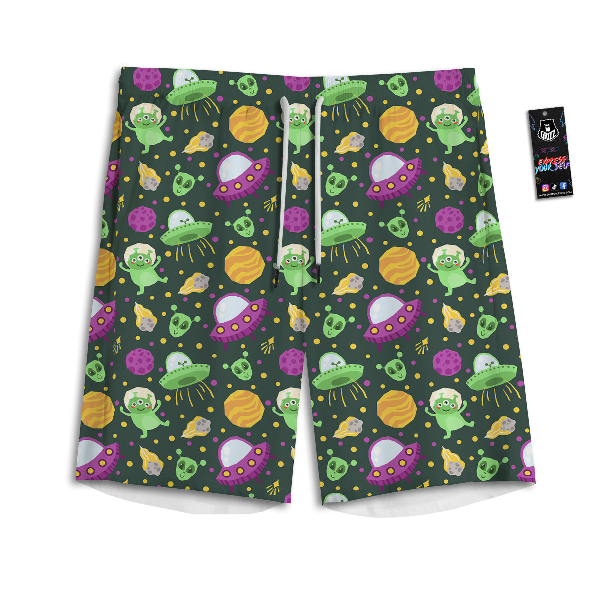 UFO Little Green Alien Print Pattern Men's Athletic Shorts