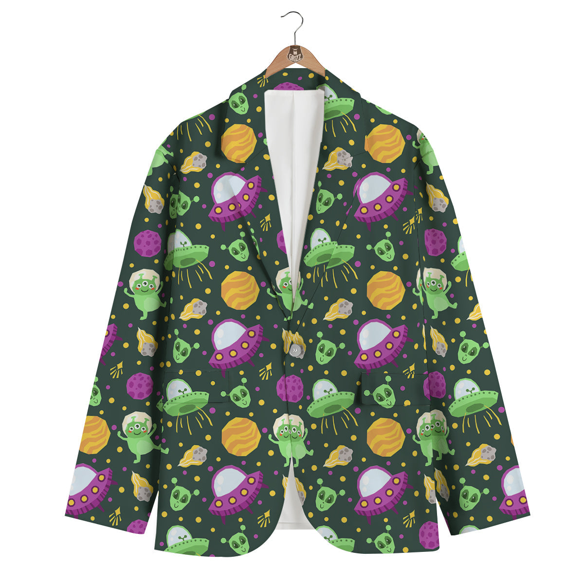 UFO Little Green Alien Print Pattern Men's Blazer-grizzshop