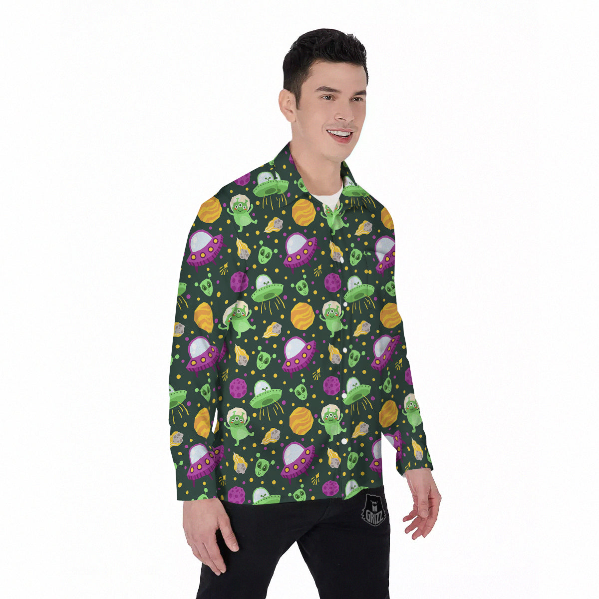 UFO Little Green Alien Print Pattern Men's Long Sleeve Shirts-grizzshop