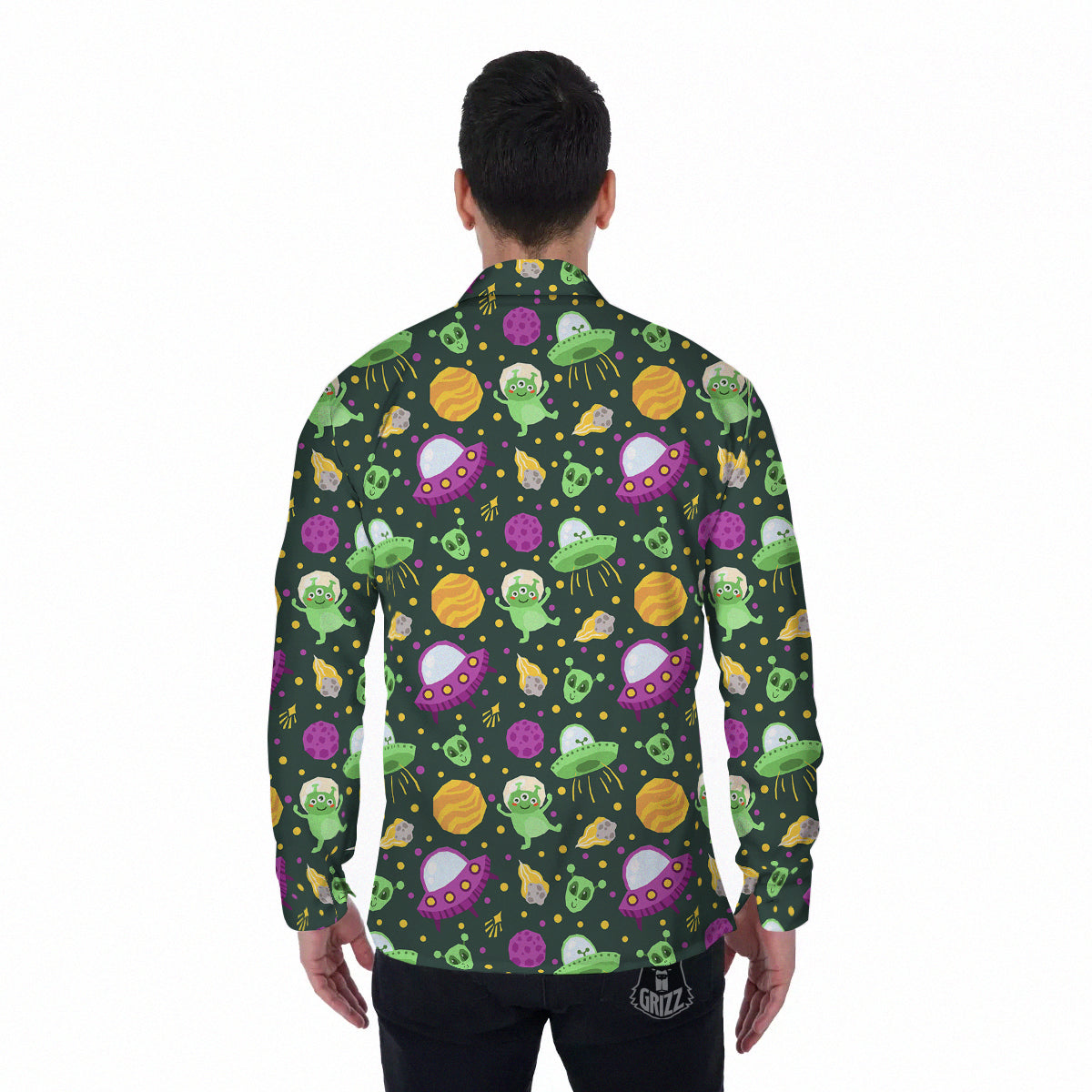 UFO Little Green Alien Print Pattern Men's Long Sleeve Shirts-grizzshop
