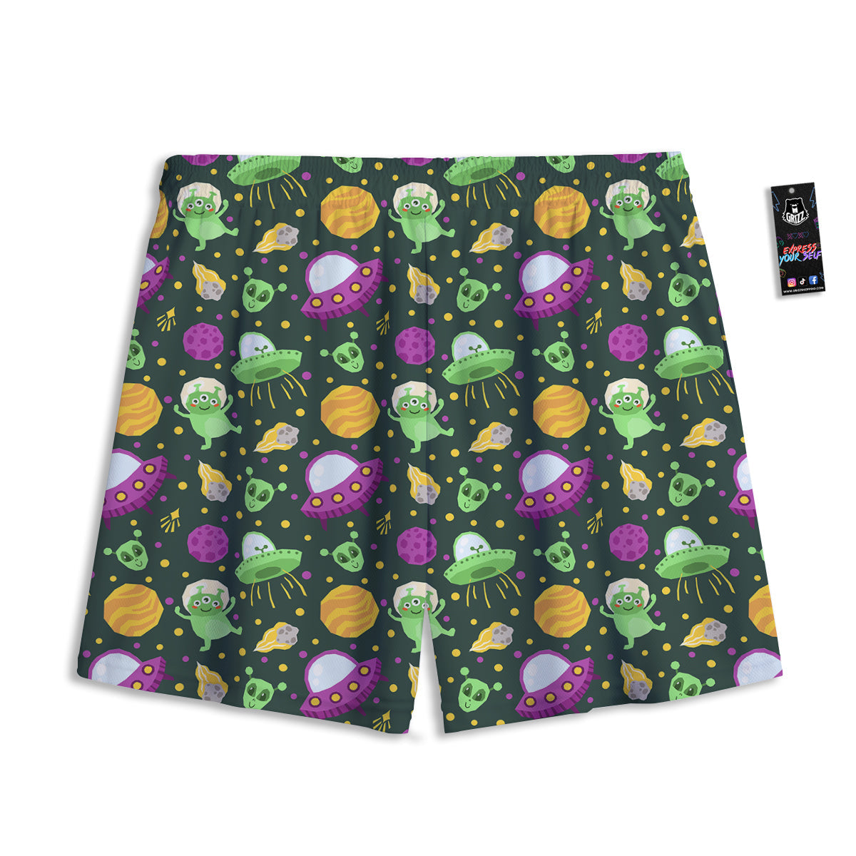 UFO Little Green Alien Print Pattern Mesh Shorts