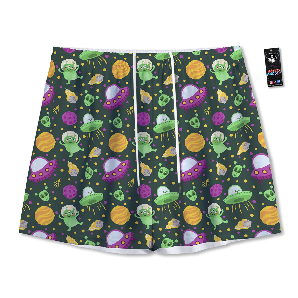 UFO Little Green Alien Print Pattern Mesh Shorts