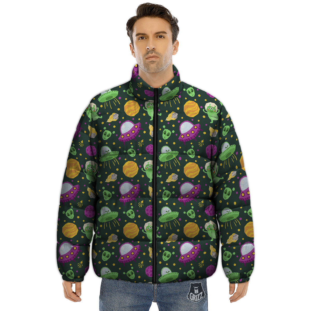UFO Little Green Alien Print Pattern Puffer Jacket-grizzshop