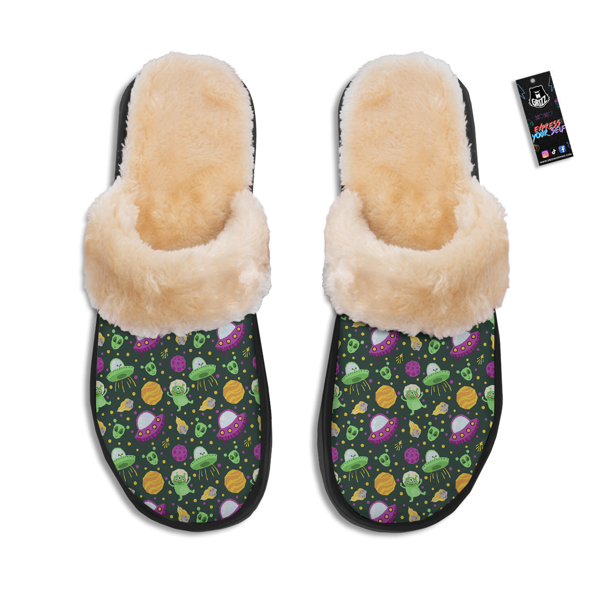 UFO Little Green Alien Print Pattern Slippers-grizzshop