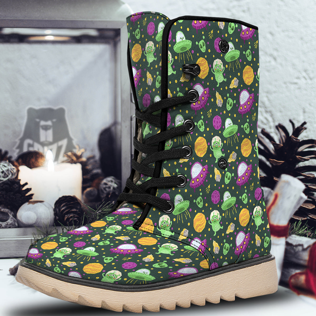 UFO Little Green Alien Print Pattern Snow Boots-grizzshop