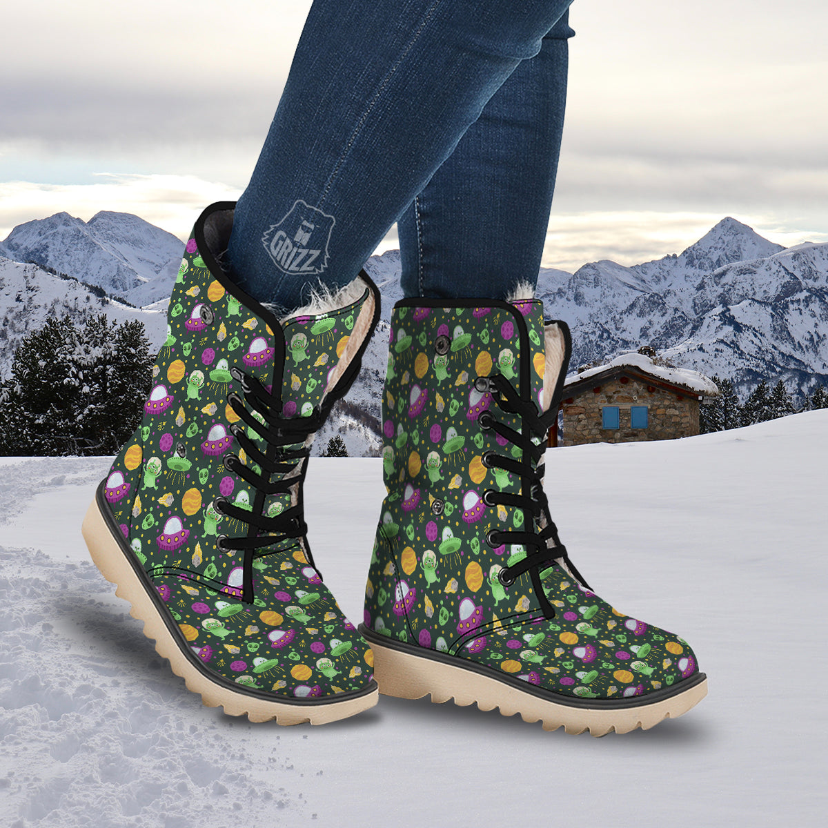 UFO Little Green Alien Print Pattern Snow Boots-grizzshop