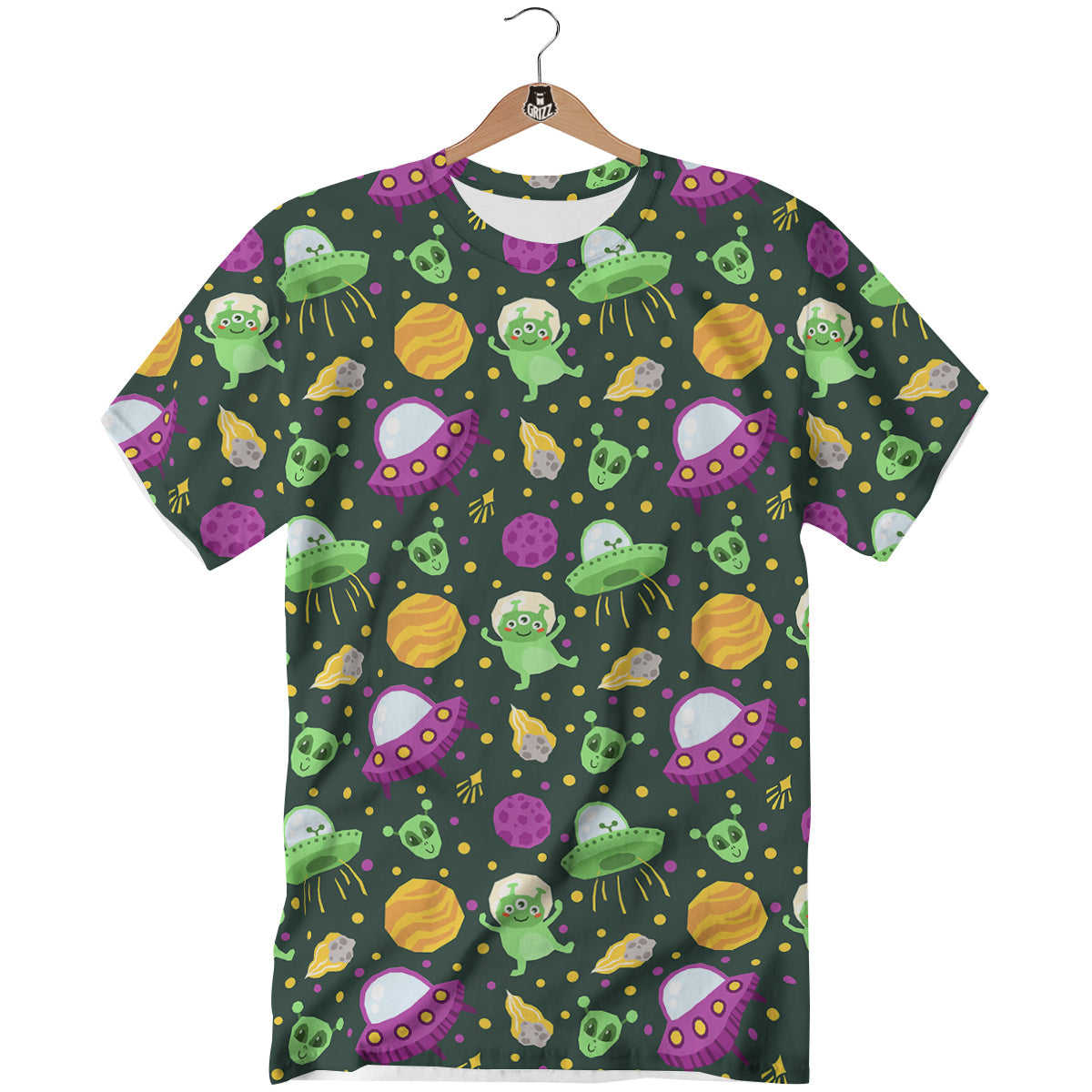 UFO Little Green Alien Print Pattern T-Shirt-grizzshop