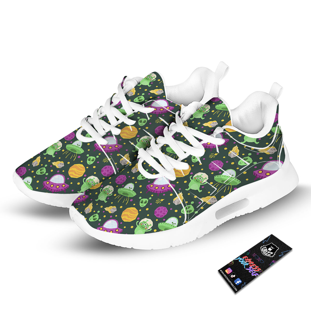 UFO Little Green Alien Print Pattern Tennis Shoes-grizzshop