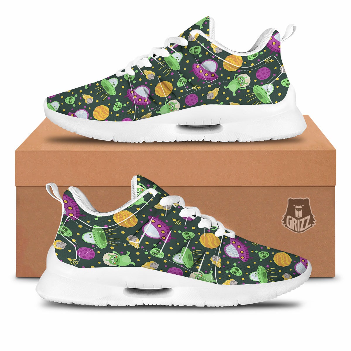 UFO Little Green Alien Print Pattern Tennis Shoes-grizzshop