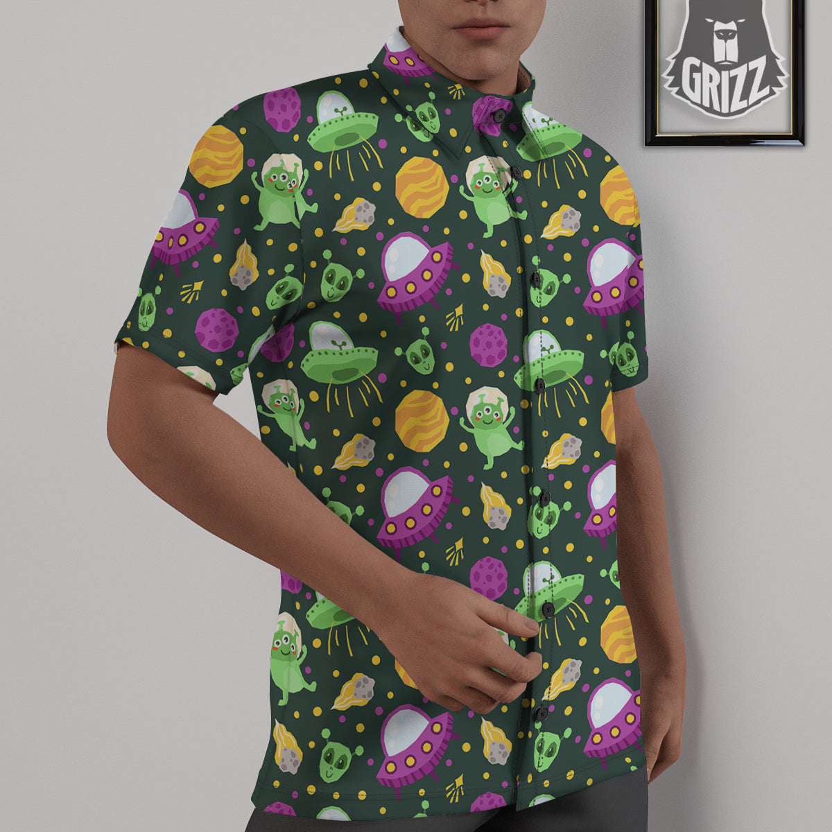 UFO Little Green Alien Print Pattern Untucked Shirts-grizzshop