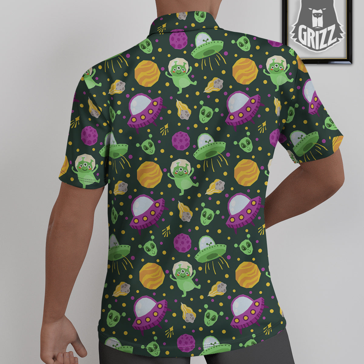 UFO Little Green Alien Print Pattern Untucked Shirts-grizzshop