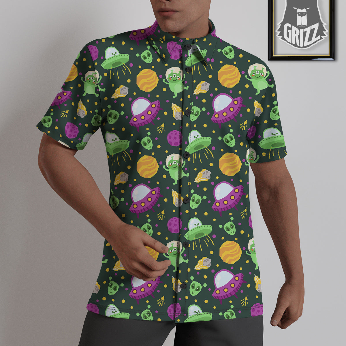UFO Little Green Alien Print Pattern Untucked Shirts-grizzshop