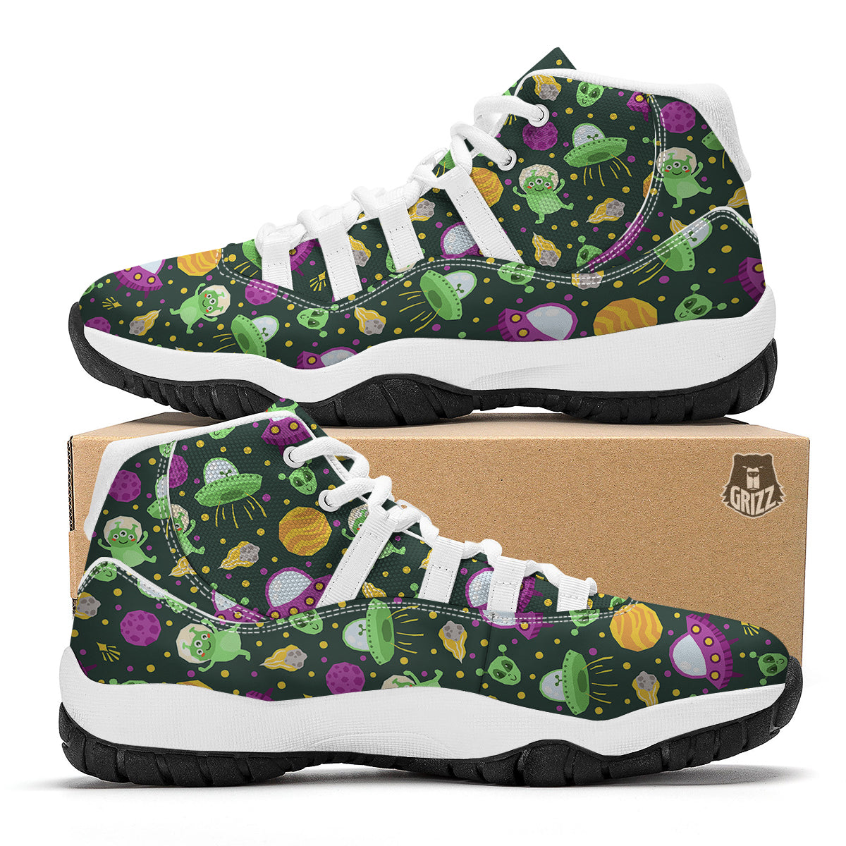 UFO Little Green Alien Print Pattern White Bball Shoes-grizzshop