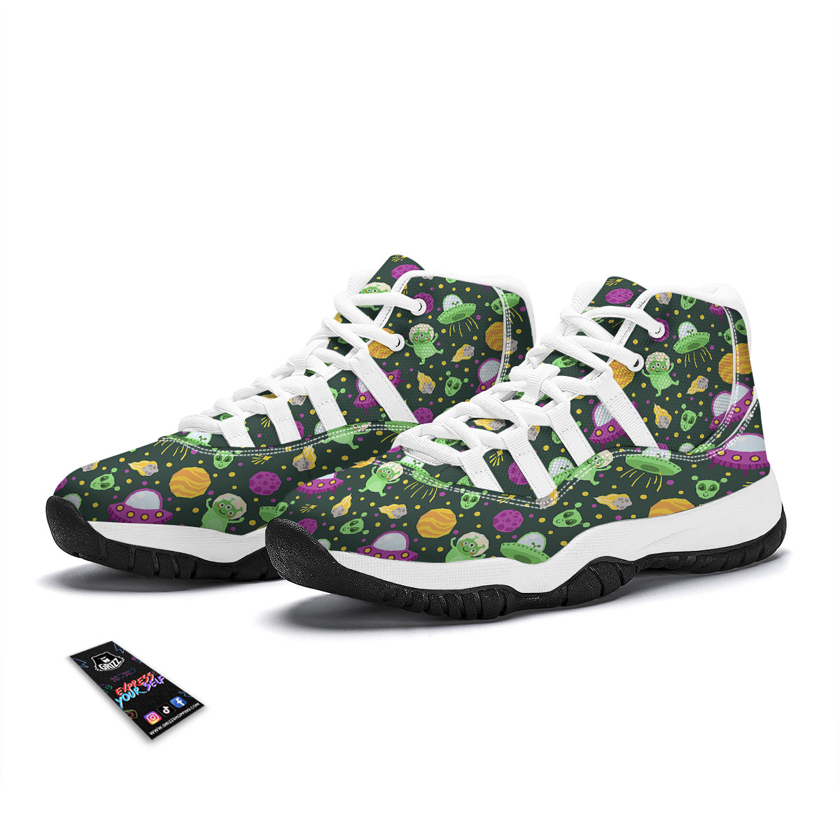 UFO Little Green Alien Print Pattern White Bball Shoes-grizzshop