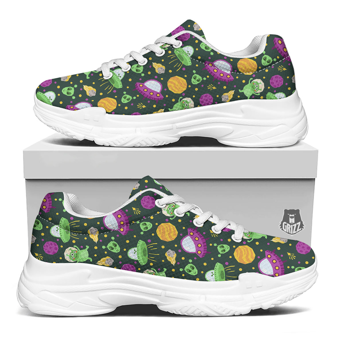 UFO Little Green Alien Print Pattern White Chunky Shoes-grizzshop