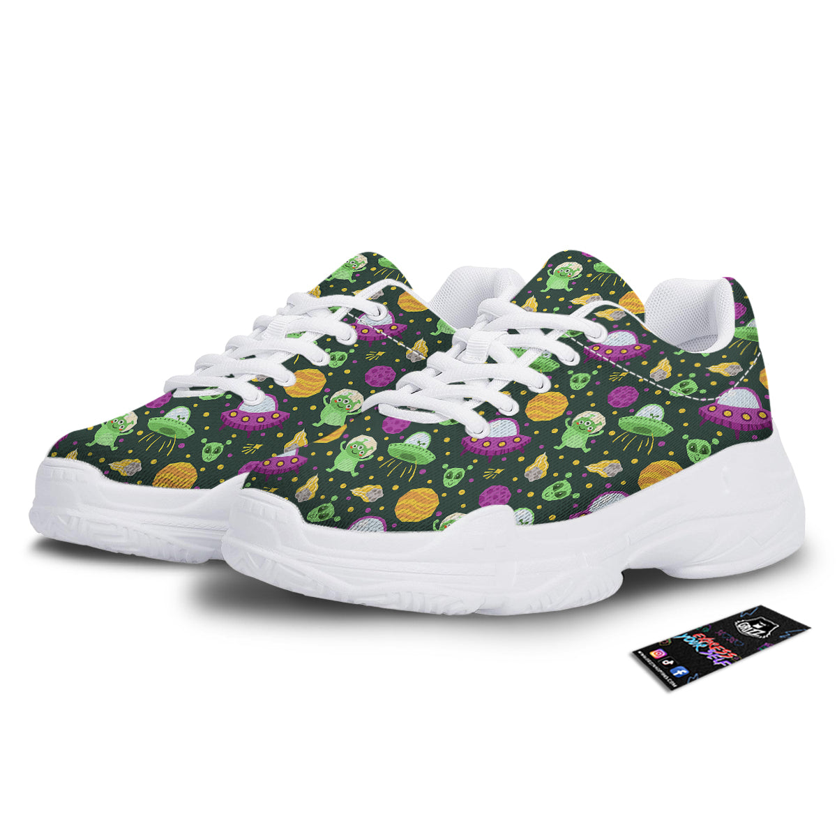 UFO Little Green Alien Print Pattern White Chunky Shoes-grizzshop