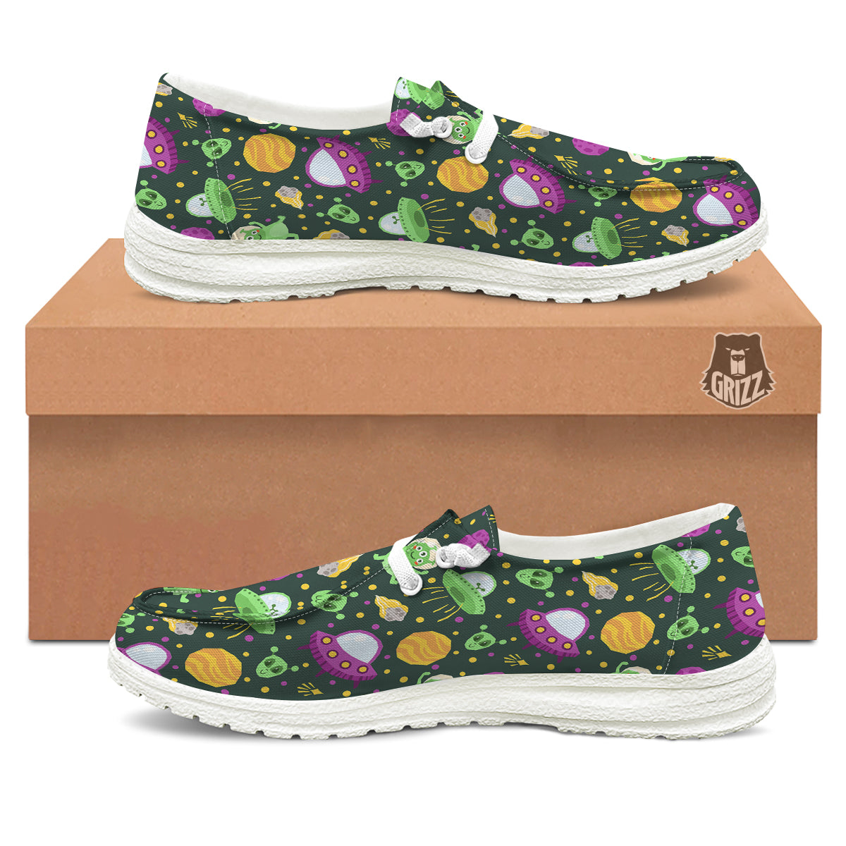 UFO Little Green Alien Print Pattern White Loafers-grizzshop