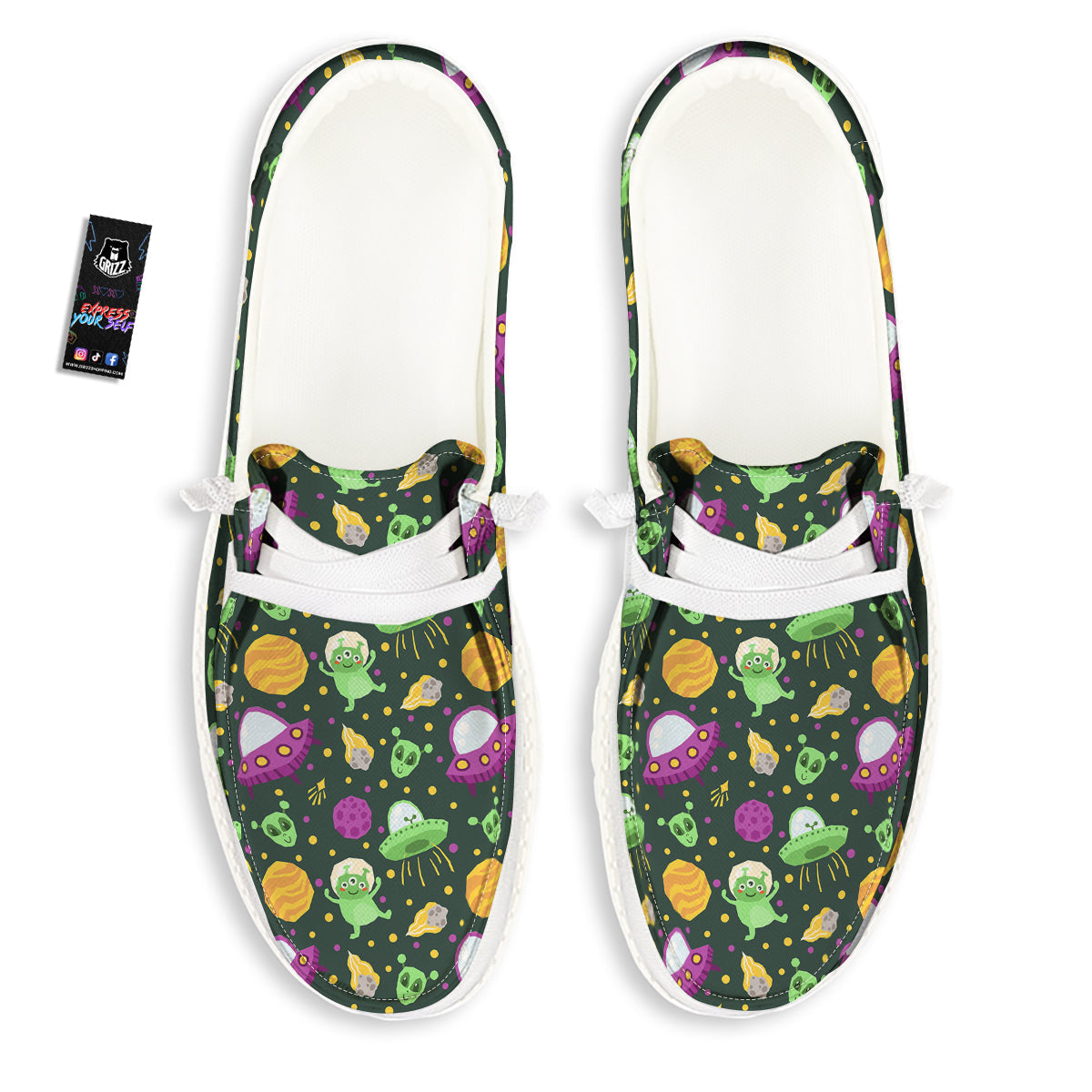UFO Little Green Alien Print Pattern White Loafers-grizzshop