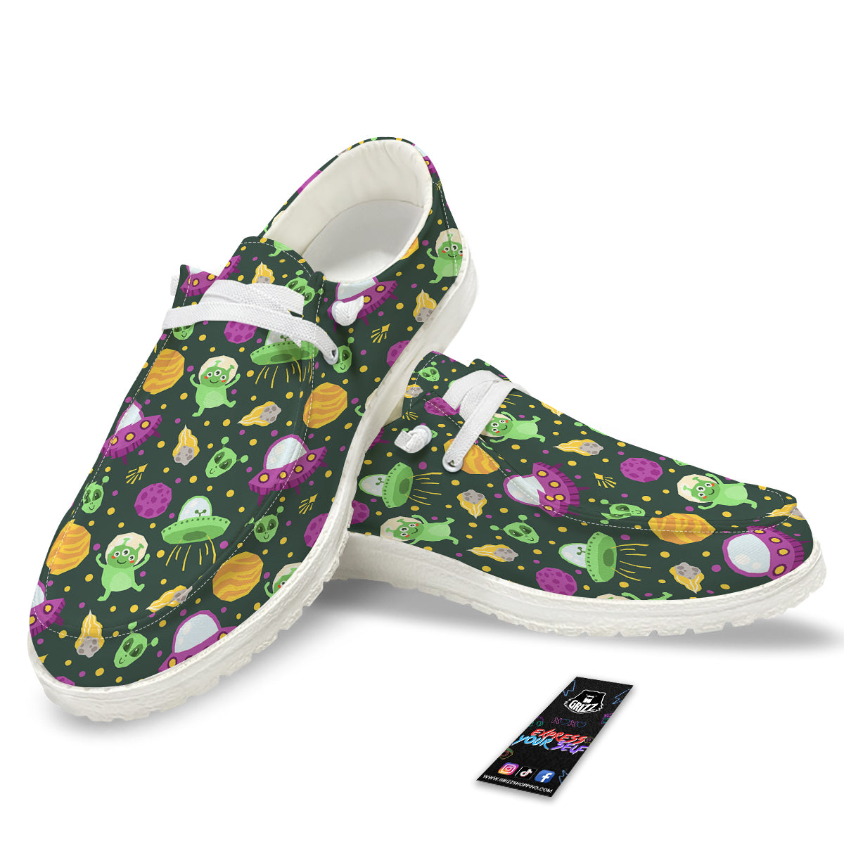 UFO Little Green Alien Print Pattern White Loafers-grizzshop