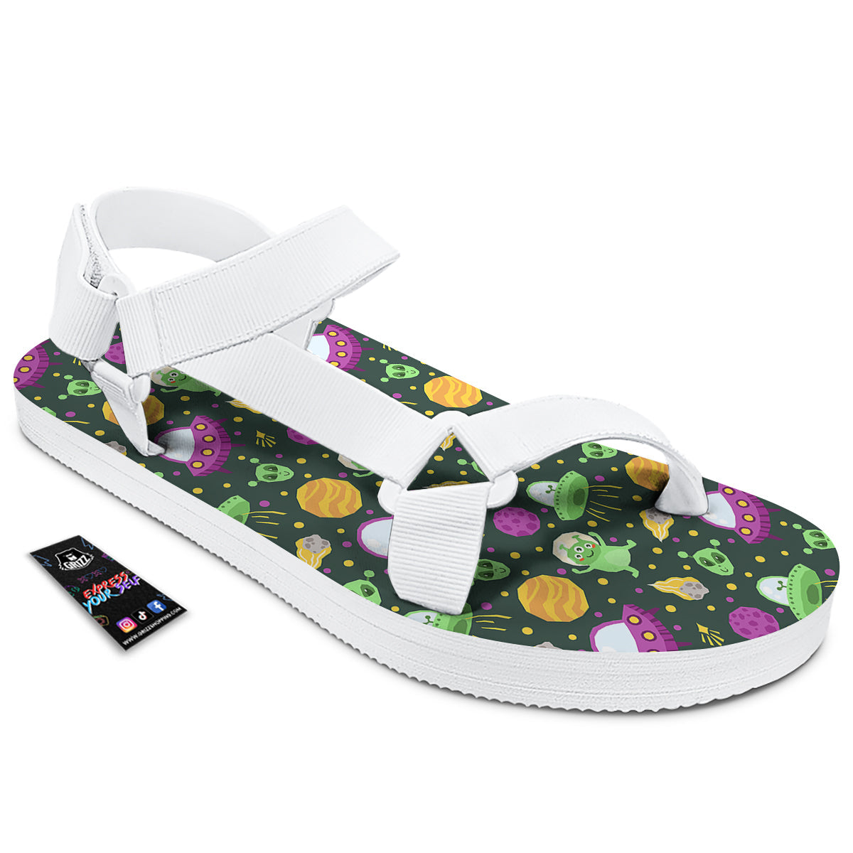 UFO Little Green Alien Print Pattern White Open Toe Sandals-grizzshop