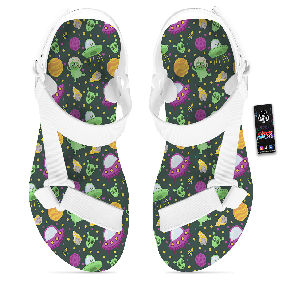 UFO Little Green Alien Print Pattern White Open Toe Sandals-grizzshop