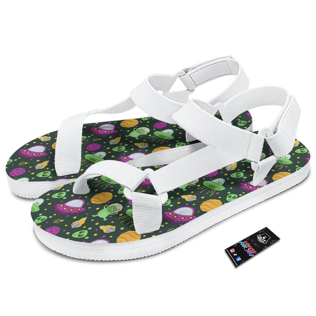 UFO Little Green Alien Print Pattern White Open Toe Sandals-grizzshop