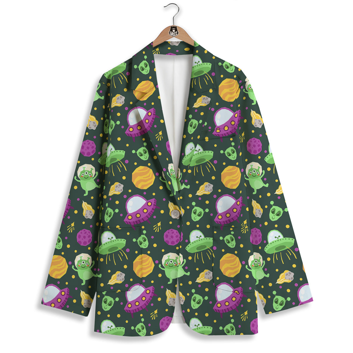 UFO Little Green Alien Print Pattern Women's Blazer-grizzshop