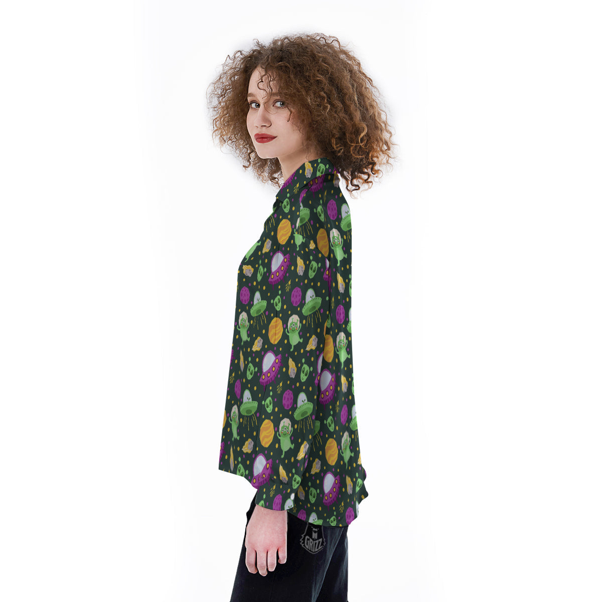 UFO Little Green Alien Print Pattern Women's Long Sleeve Shirts-grizzshop