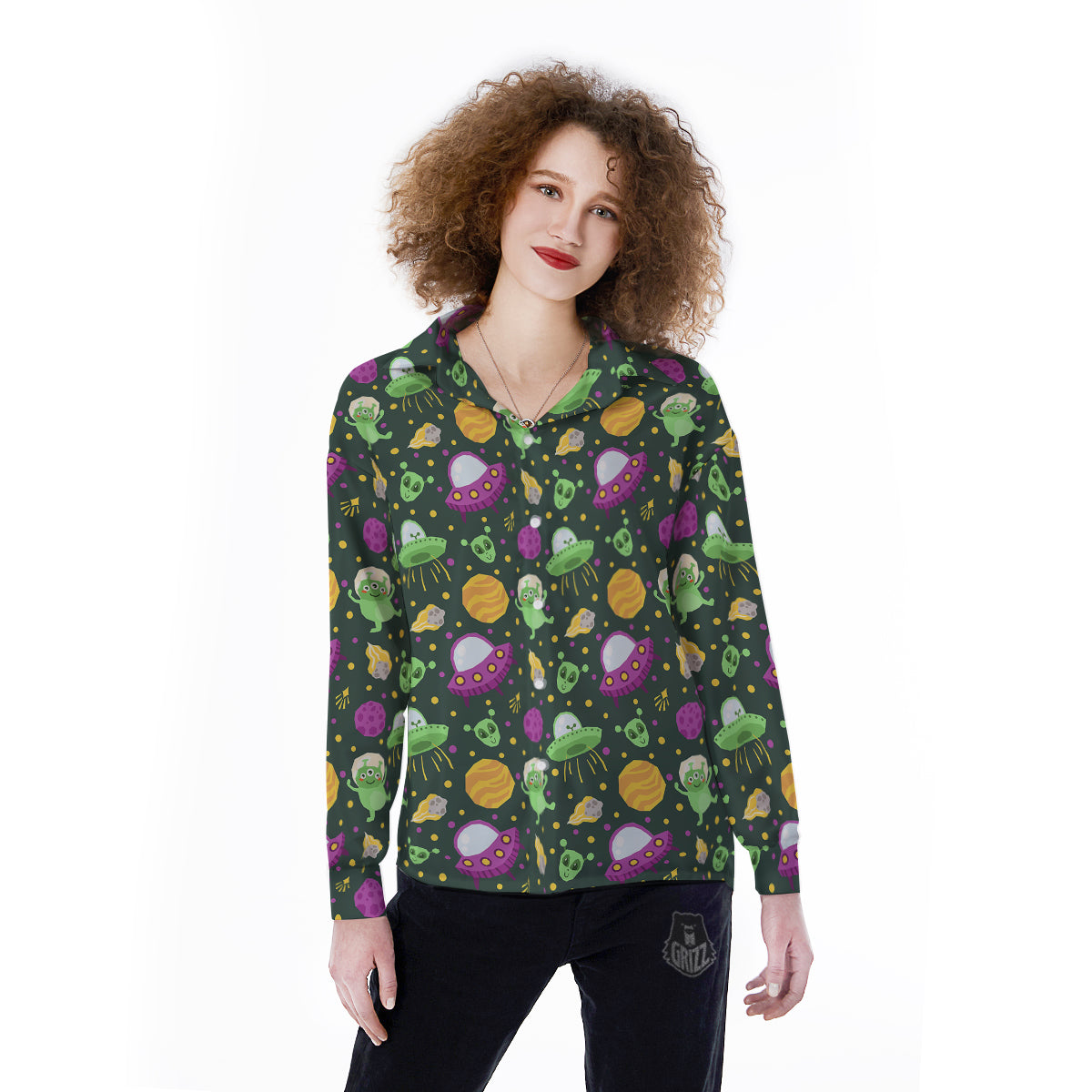 UFO Little Green Alien Print Pattern Women's Long Sleeve Shirts-grizzshop
