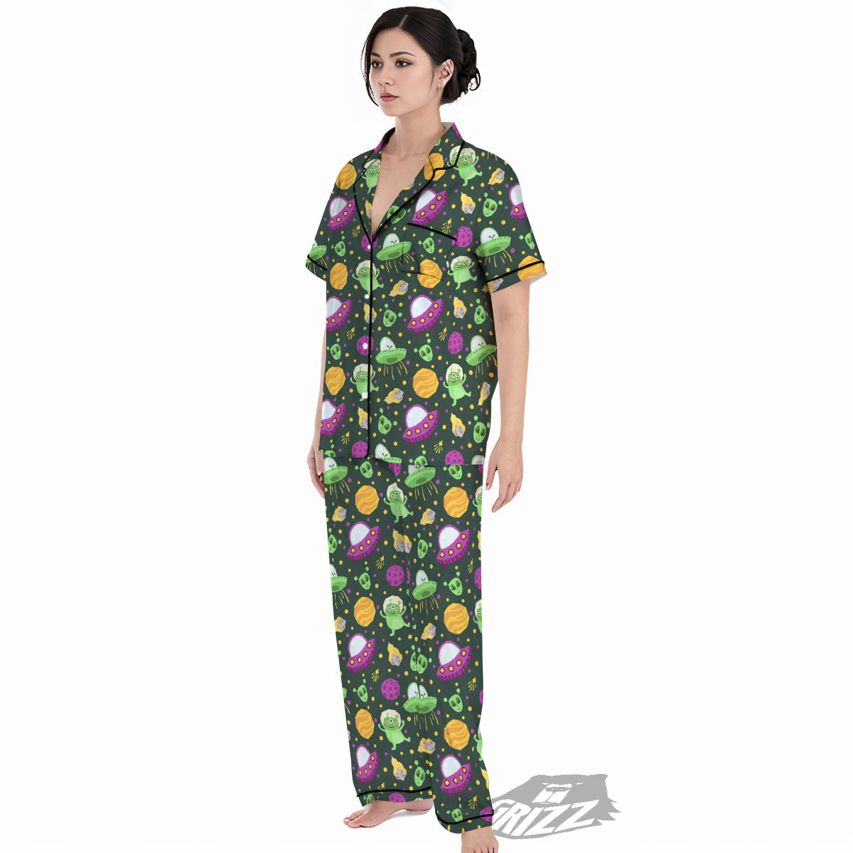 UFO Little Green Alien Print Pattern Women's Pajamas Set-grizzshop