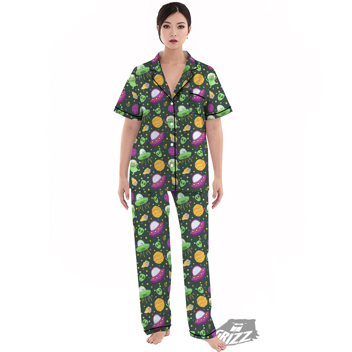 UFO Little Green Alien Print Pattern Women's Pajamas Set-grizzshop