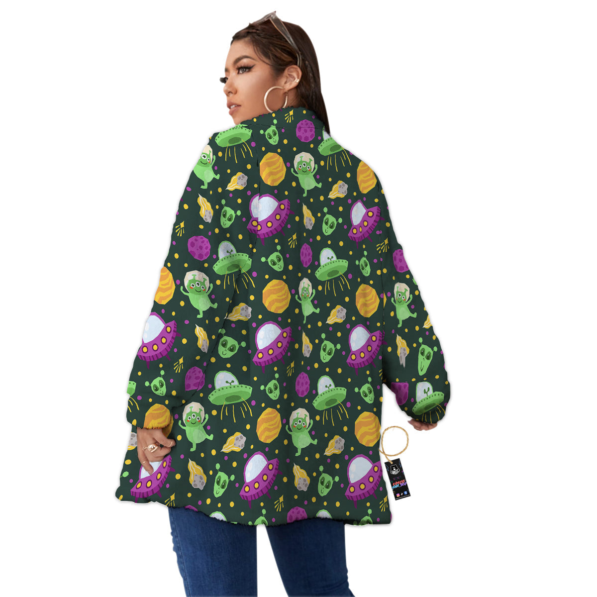 UFO Little Green Alien Print Pattern Women's Sherpa Jacket-grizzshop