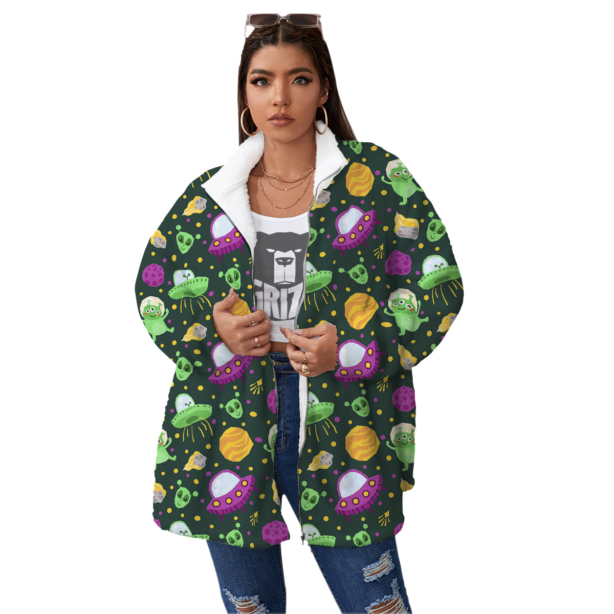 UFO Little Green Alien Print Pattern Women's Sherpa Jacket-grizzshop