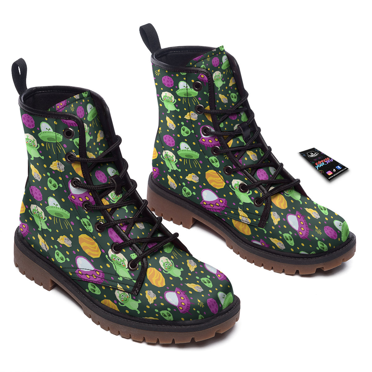 UFO Little Green Alien Print Pattern Work Boots-grizzshop