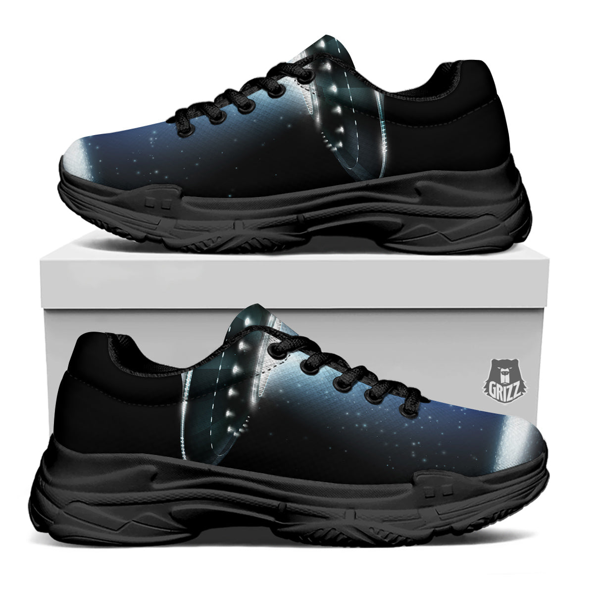 UFO Night Dark Print Black Chunky Shoes-grizzshop