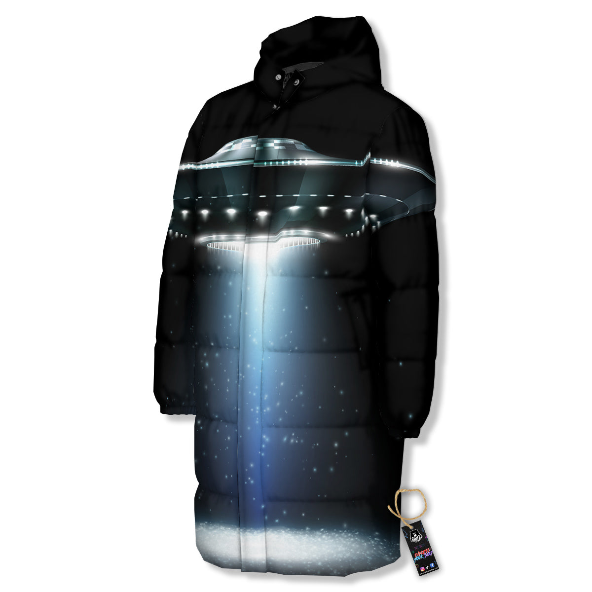 UFO Night Dark Print Long Down Jacket-grizzshop