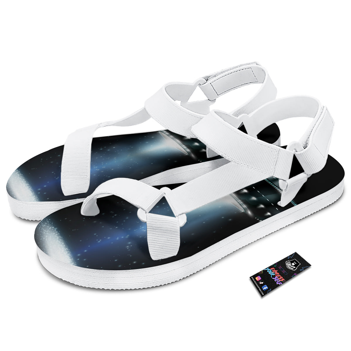 UFO Night Dark Print White Open Toe Sandals-grizzshop