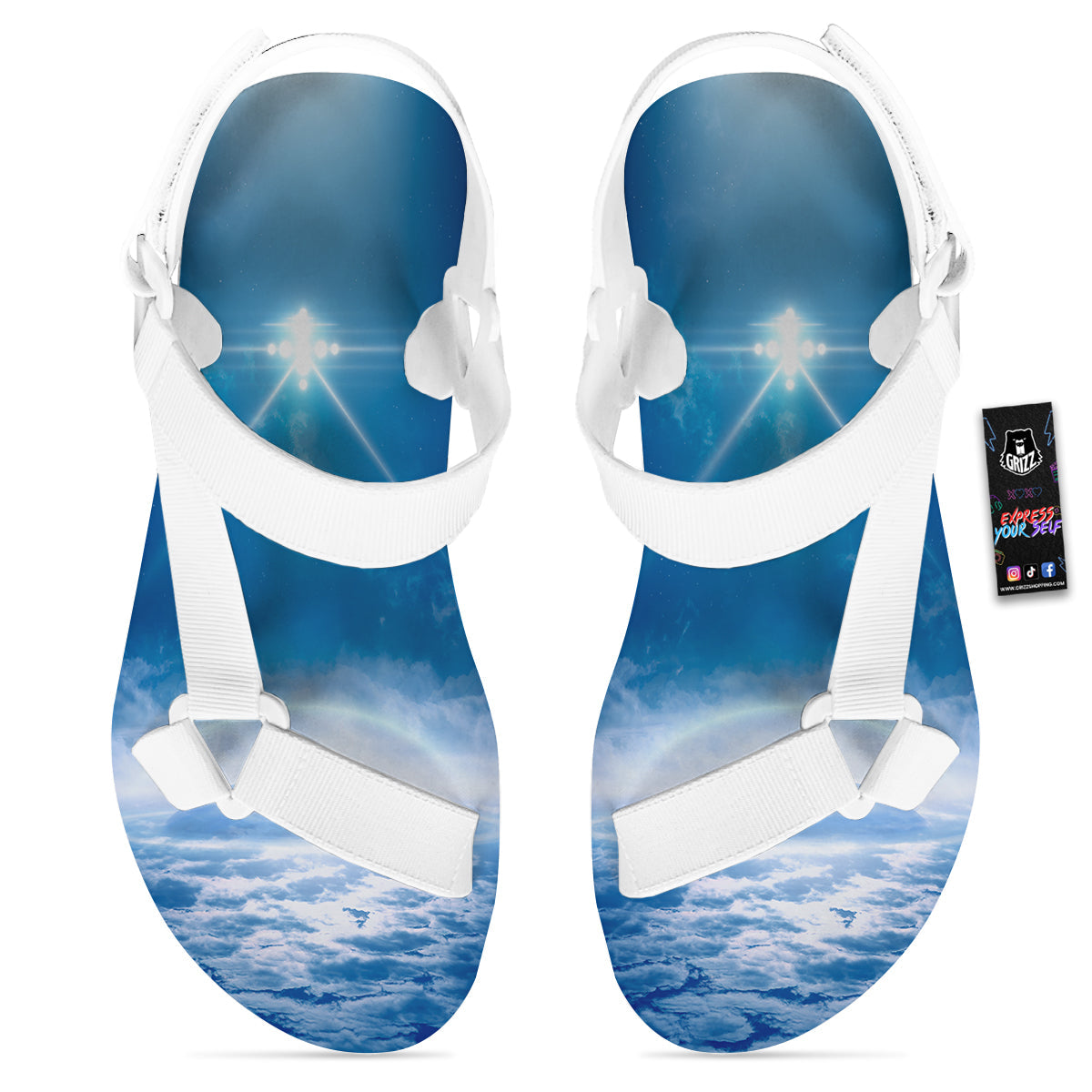 UFO On Planet Earth Print White Open Toe Sandals-grizzshop