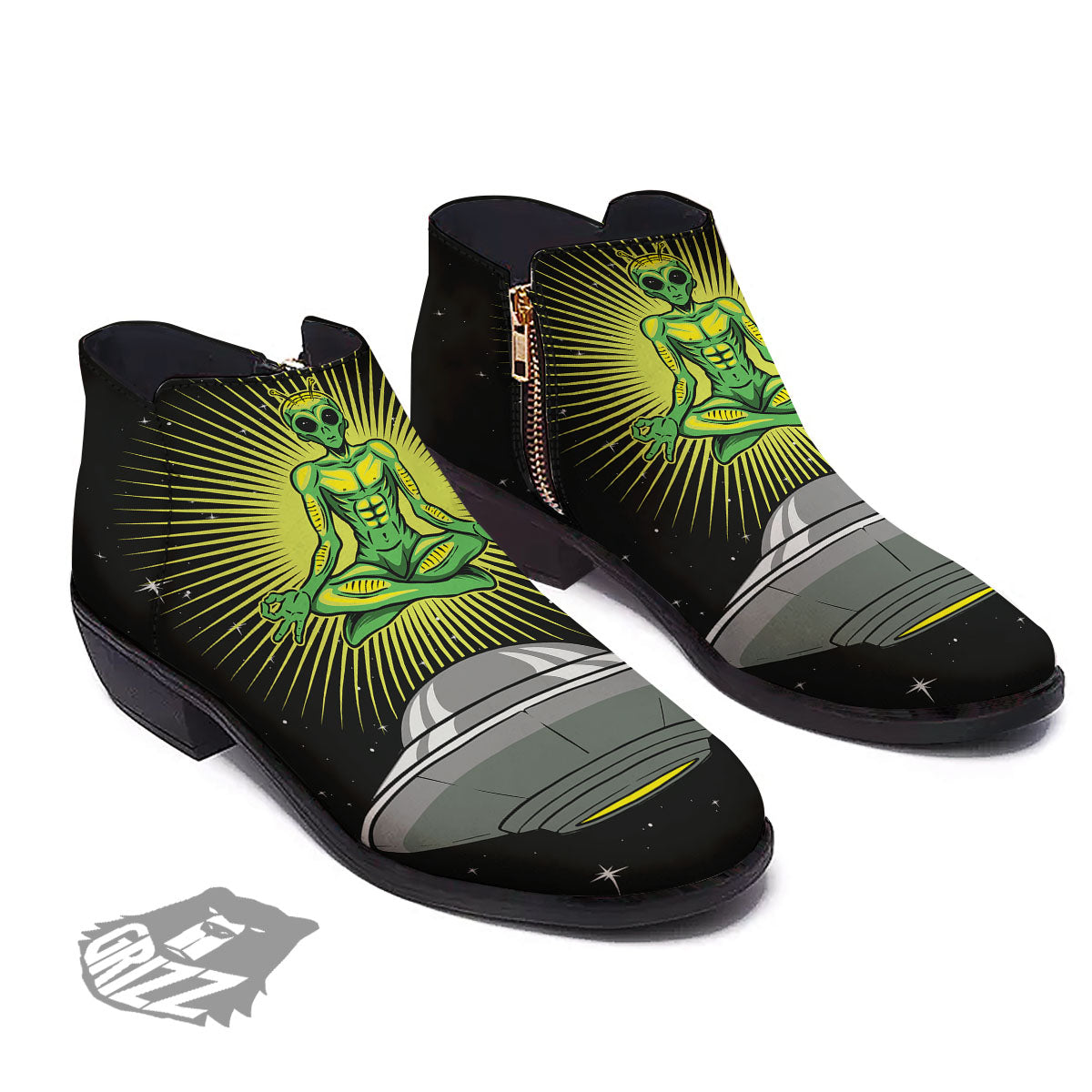 UFO Space Green Alien Print Ankle Boots-grizzshop