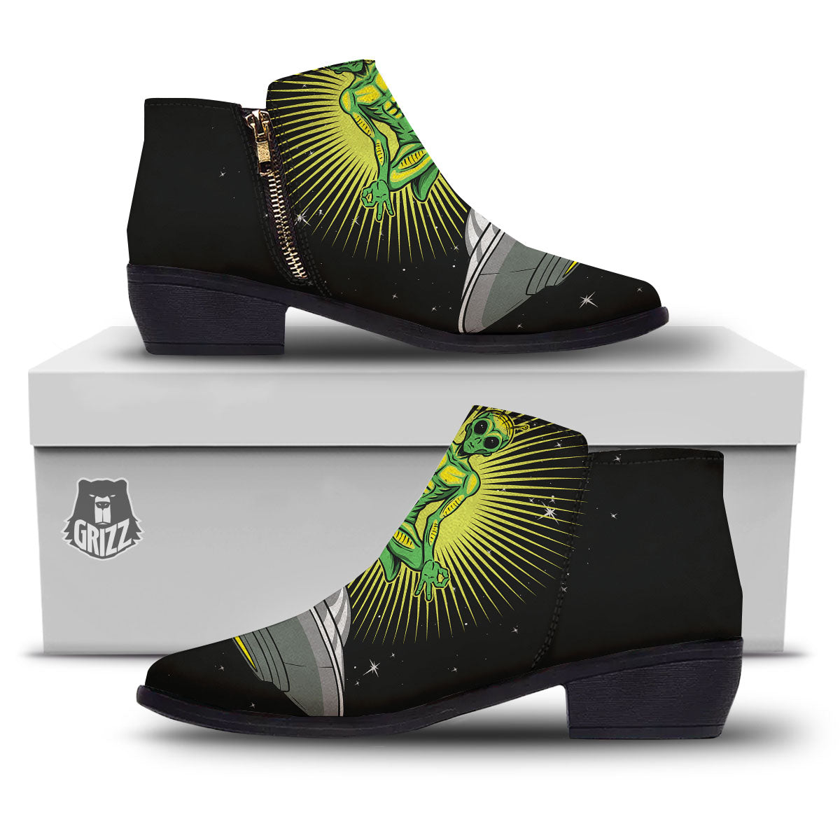 UFO Space Green Alien Print Ankle Boots-grizzshop