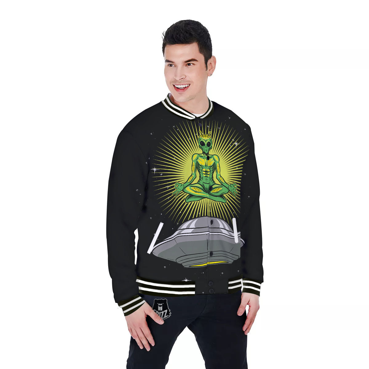 UFO Space Green Alien Print Baseball Jacket-grizzshop