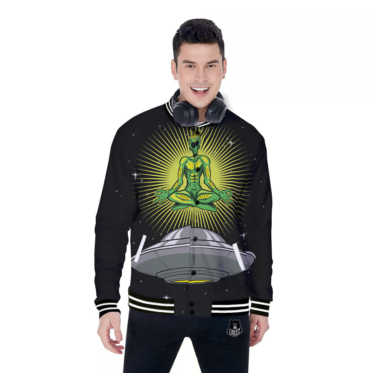 UFO Space Green Alien Print Baseball Jacket-grizzshop