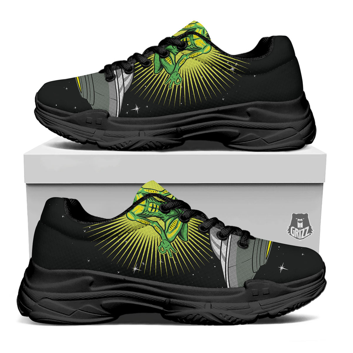 UFO Space Green Alien Print Black Chunky Shoes-grizzshop