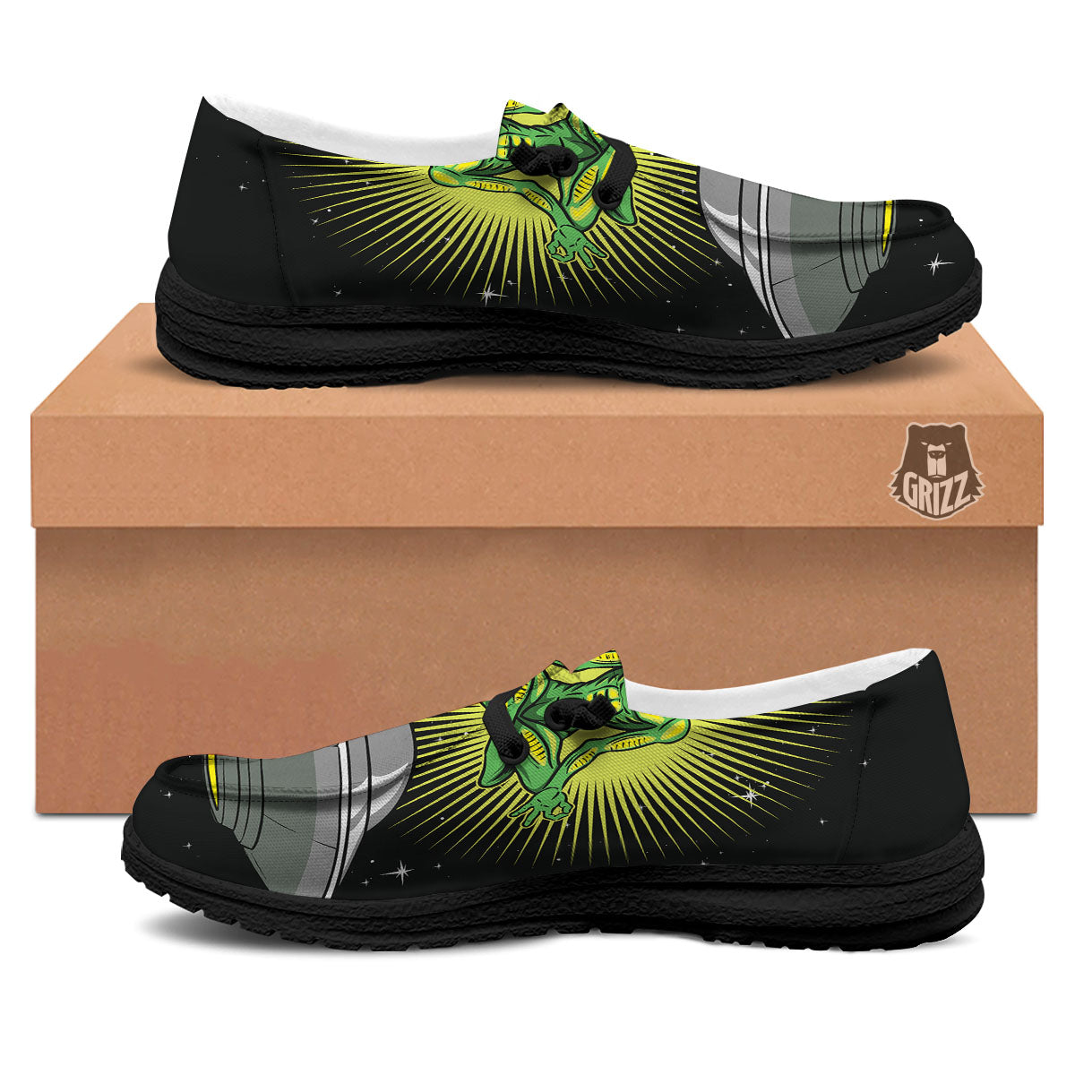 UFO Space Green Alien Print Black Loafers-grizzshop