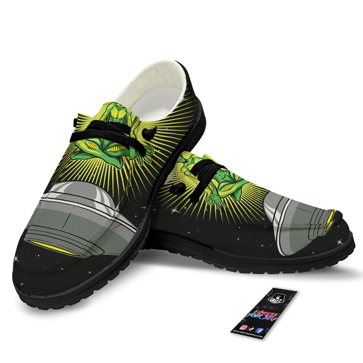 UFO Space Green Alien Print Black Loafers-grizzshop